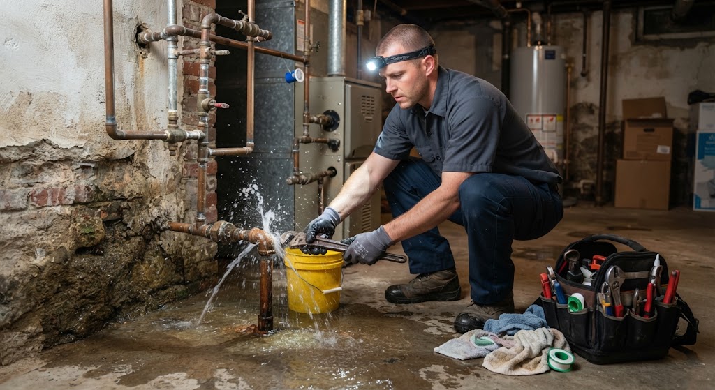 Plumber responding to a burst pipe emergency for rapid leak repair in South Brunswick NJ