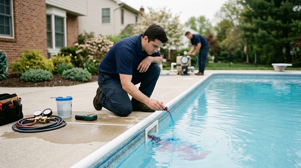 Pool leak detection professional dye testing a skimmer in South Brunswick NJ