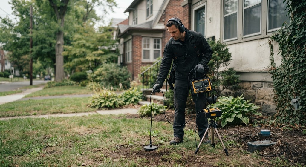 Professional using ground microphone for underground water line leak detection in South Brunswick NJ